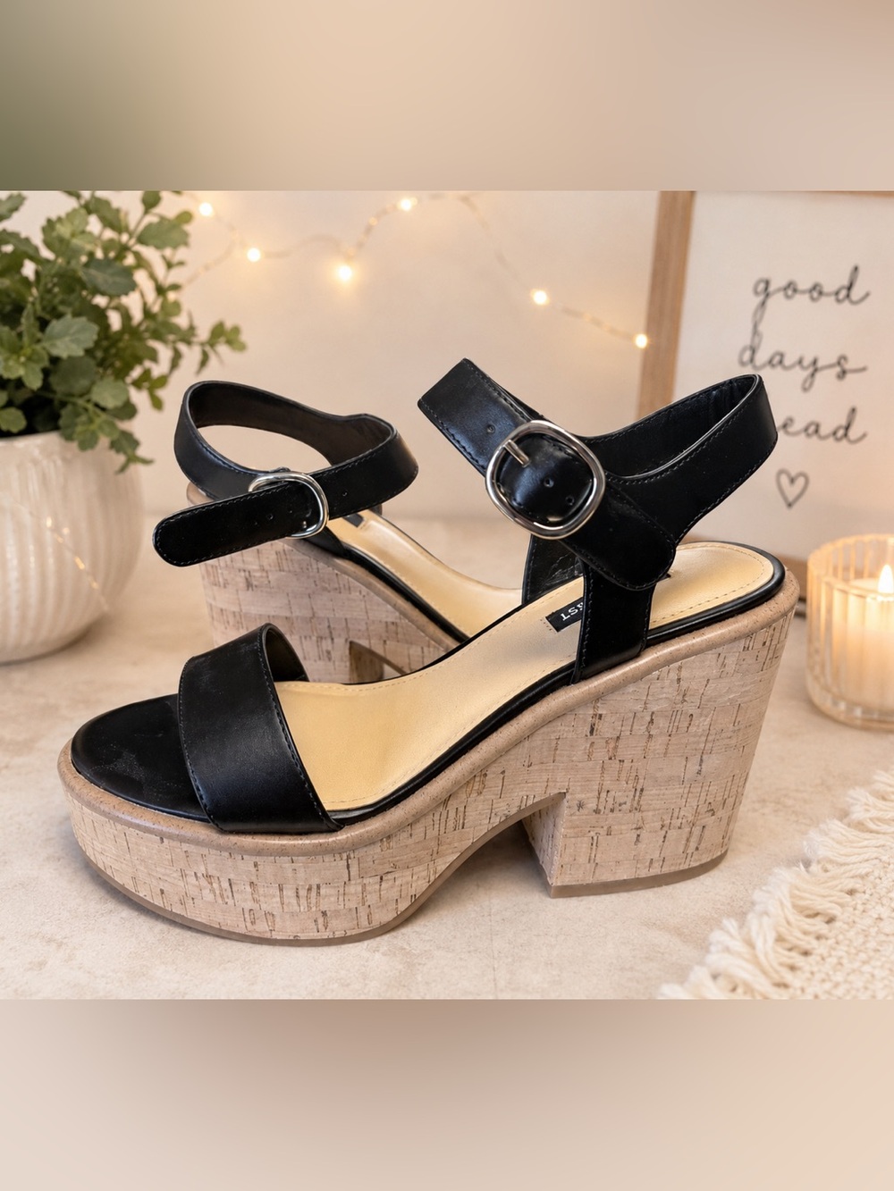 Nine West Black Leather Cork Platform Sandals